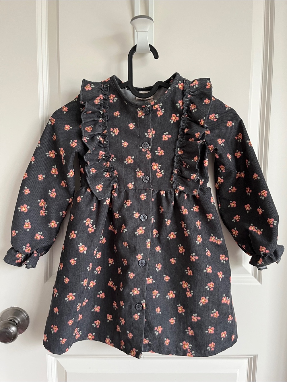 Btween Girls Black Floral Ruffle Button-Front Dress